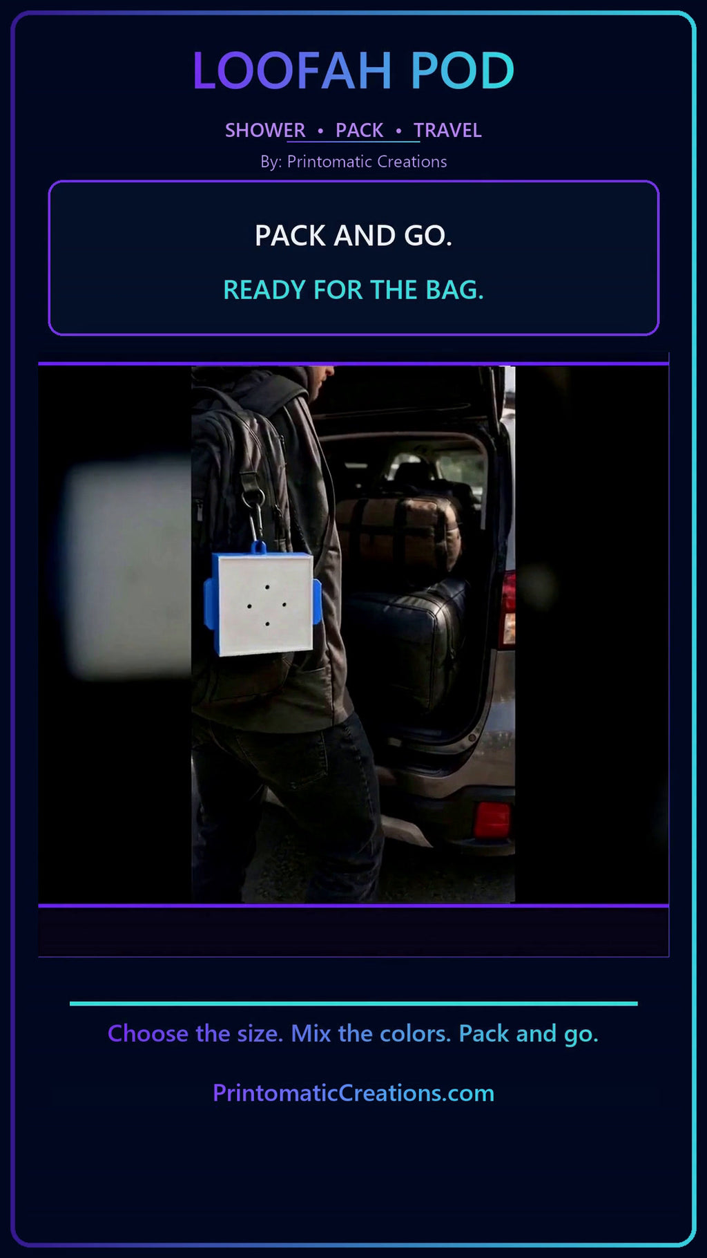 Loofah Pod clipped to a backpack with a carabiner — video frame.