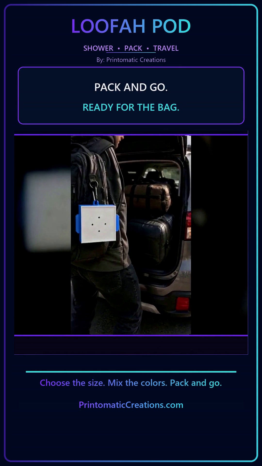 Loofah Pod clipped to a backpack with a carabiner — video frame.