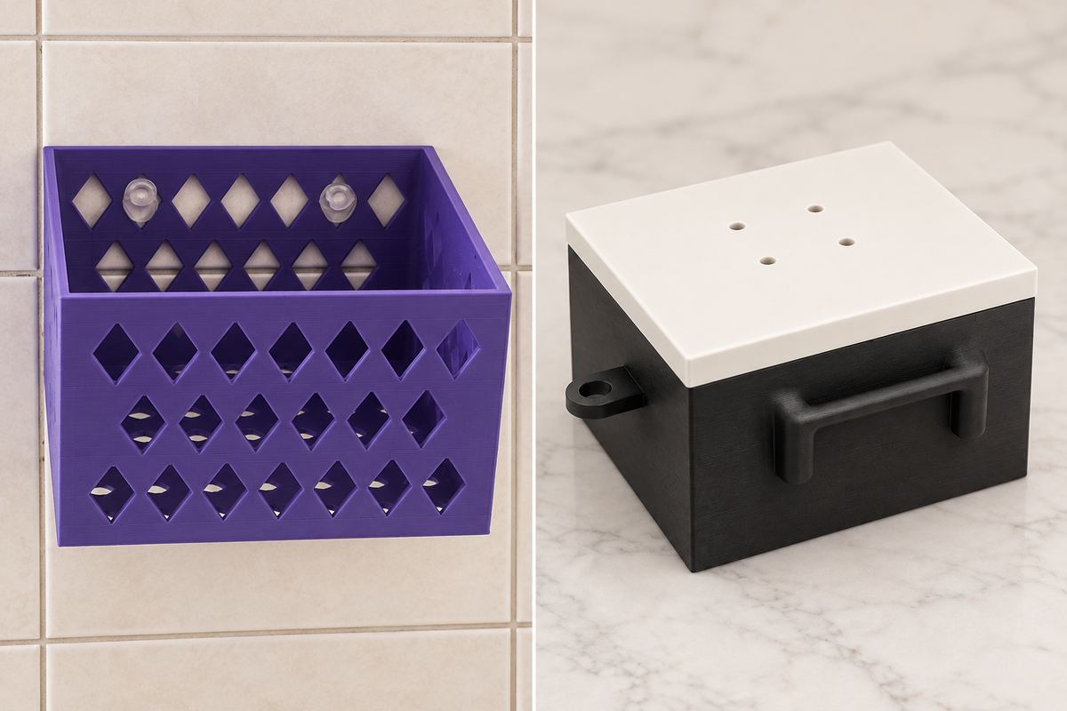 Purple Loofah Pod wall-mounted basket beside a closed black case with white lid and rounded handle — enhanced photo and closed-case visualization.