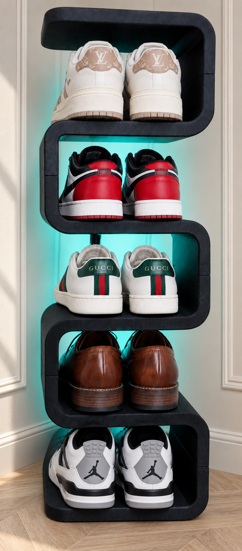 Black five-level modular shoe rack displaying sneakers and dress shoes in a warm paneled room with oak flooring — digitally styled product image. Shoes and lighting not included.