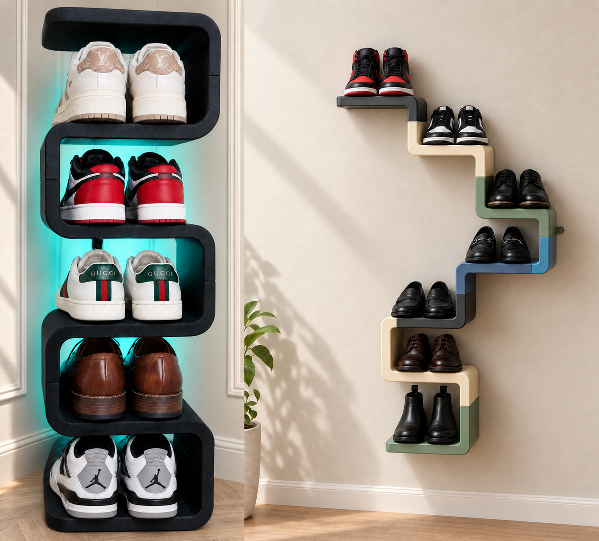 Side-by-side digitally styled shoe rack views: black five-level standing display and compact seven-level multicolor wall display. Wall arrangement uses more than one set; one set supplies five levels. Shoes, lighting and decor not included.