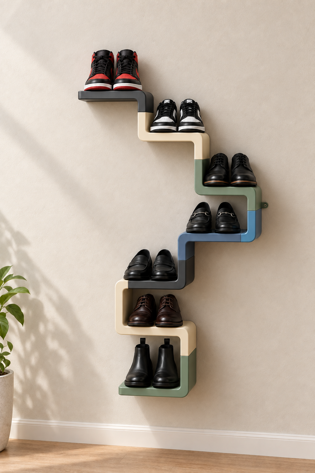 Compact seven-level winding wall display in charcoal, cream, green and blue, with close-fitting shelves and forward-facing shoes — digitally styled multi-set layout. One set supplies five levels. Shoes and decor not included.
